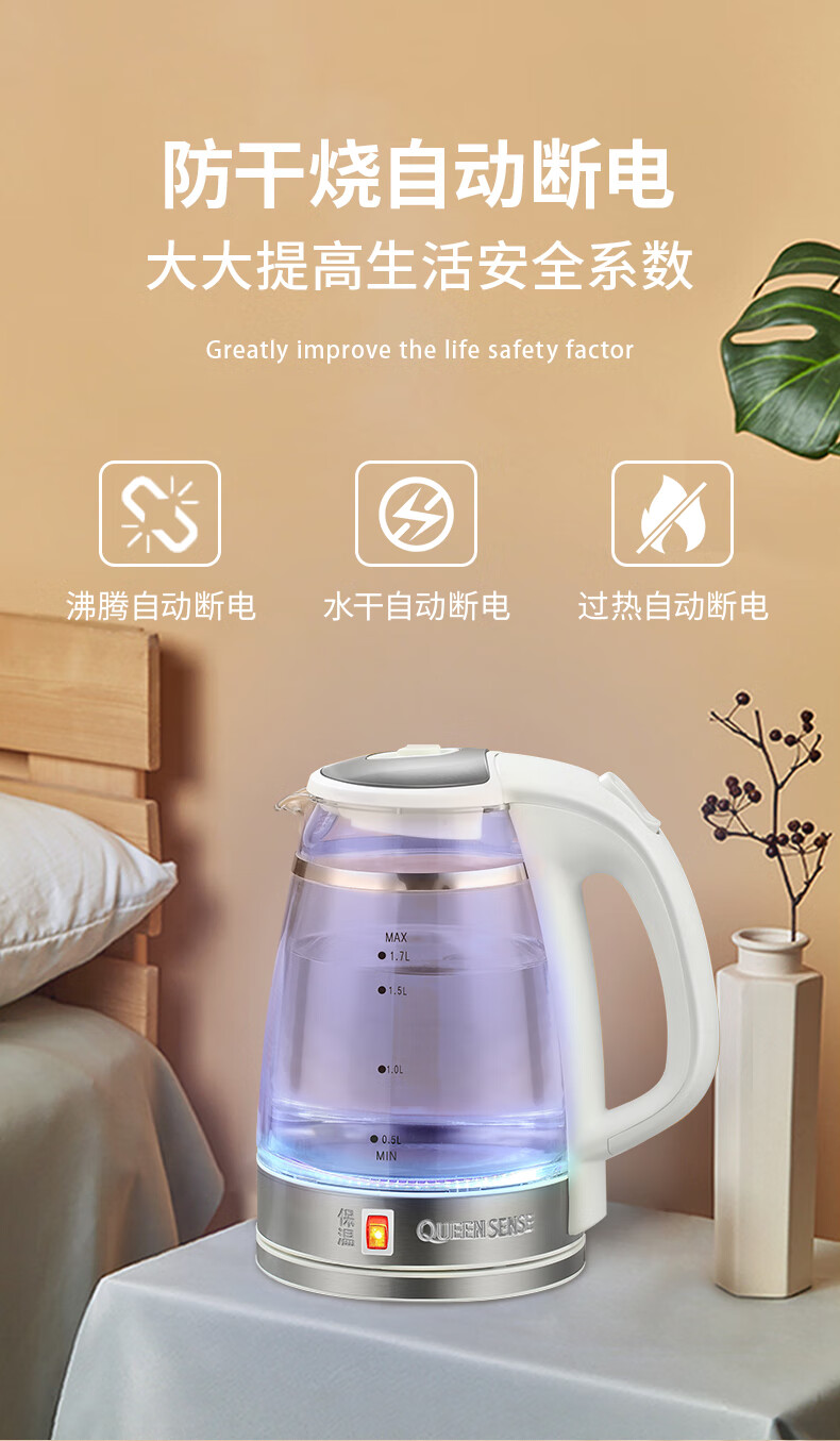 德国帝盛斯queensense家用烧水壶保温一体玻璃大容量恒温专用透明开水