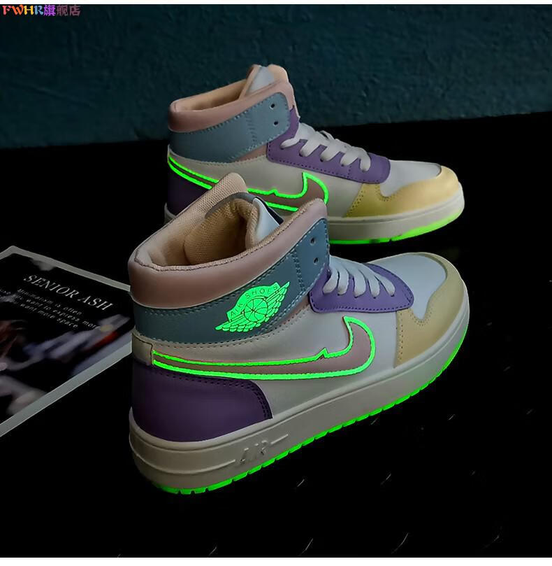 耐尅联名联名aj女鞋高帮夜光篮球鞋女空军一号女小闪电情侣款防滑