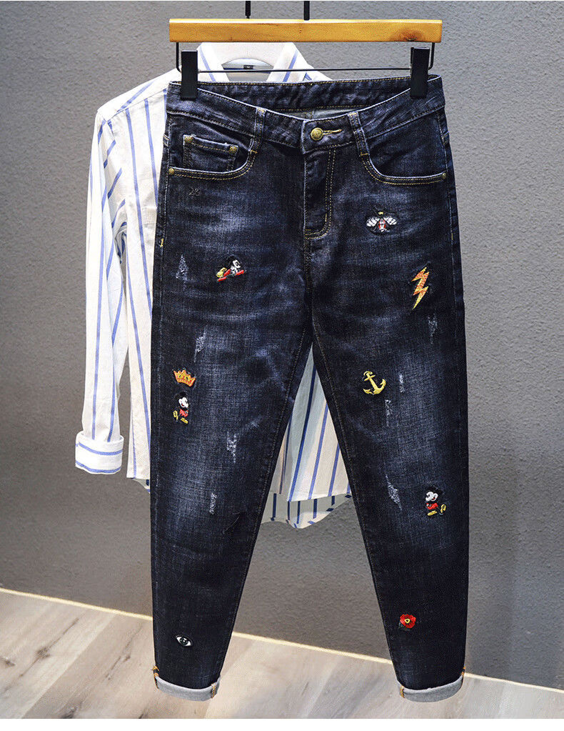 旷璃高端刺绣牛仔裤男士潮牌图案绣花男裤秋冬新款潮流百搭修身长裤子