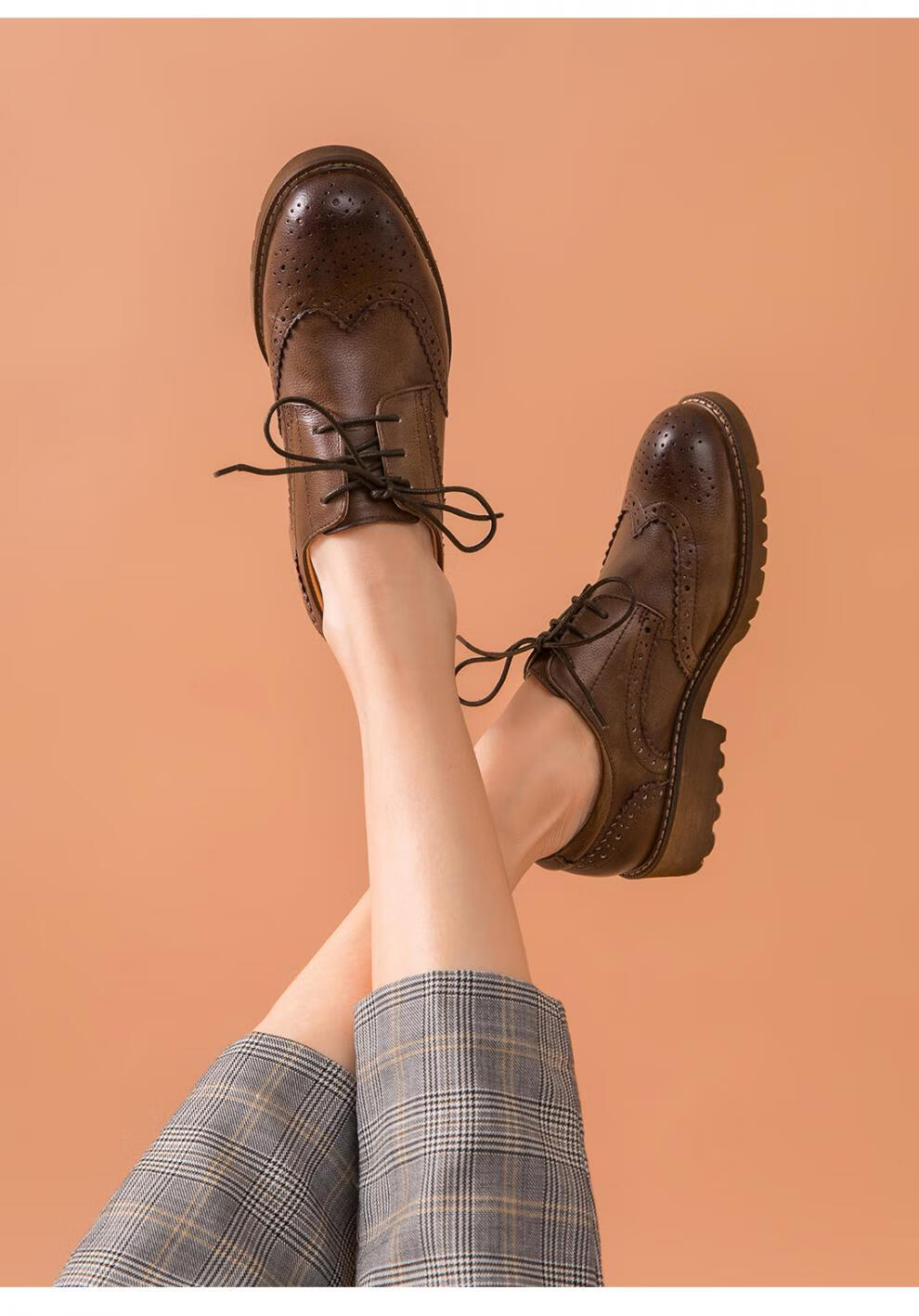 beautoday春秋季新款单鞋女鞋做旧布洛克牛津鞋女士复古英伦风小皮鞋