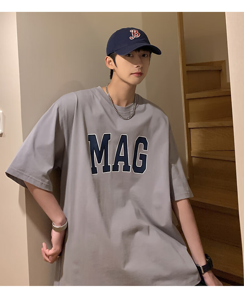 sijianvintage火龙果色t恤男设计感小众国潮情侣短袖oversize七分袖