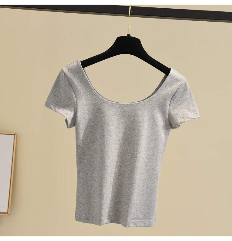 u型领女上衣u领短袖低领紧身纯色t恤含棉灰色修身新款大领口半袖秋