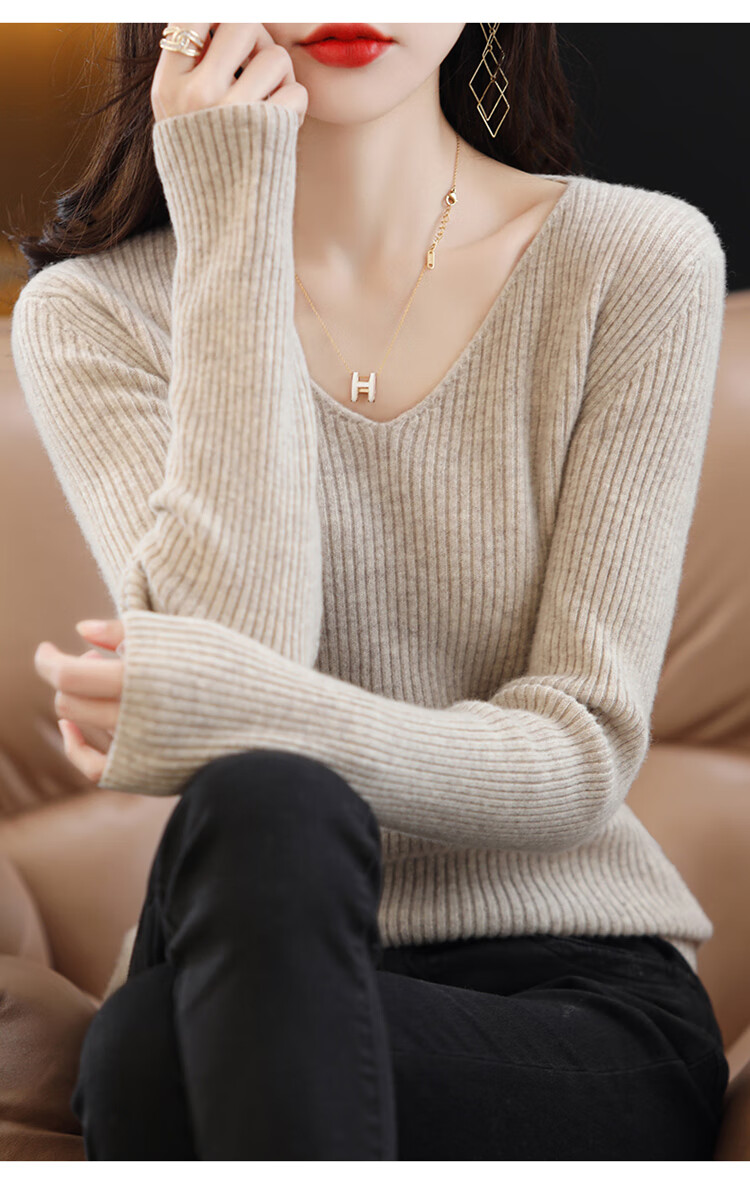 zonyouq品牌鸡心领打底衫女2022春季新款v领羊毛衫纯羊毛套头毛衣修身