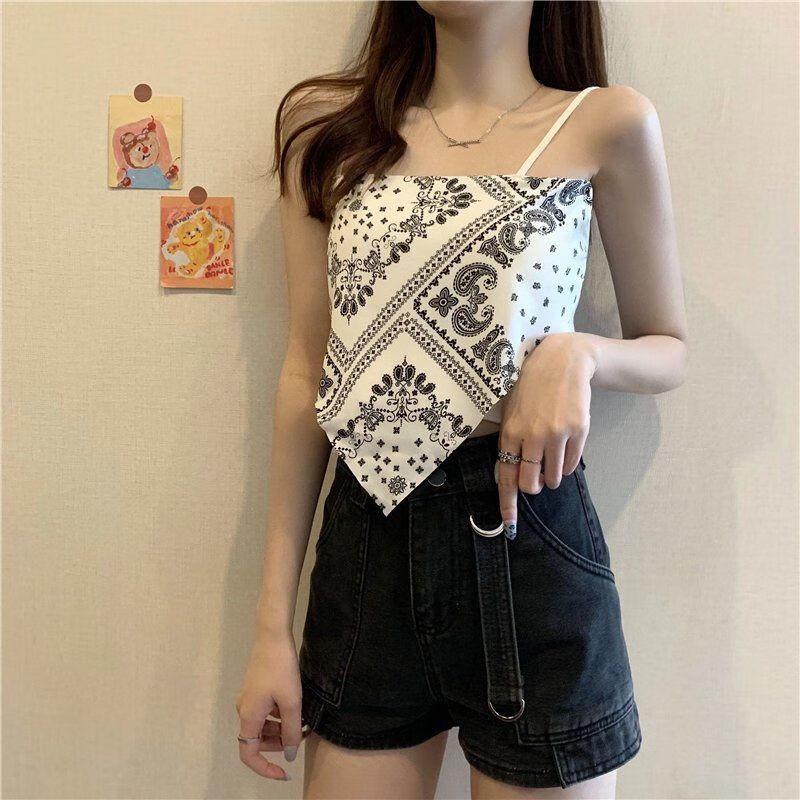 女装复古百搭三角吊带背心度假风腰果印花短款上衣黑色l115135斤