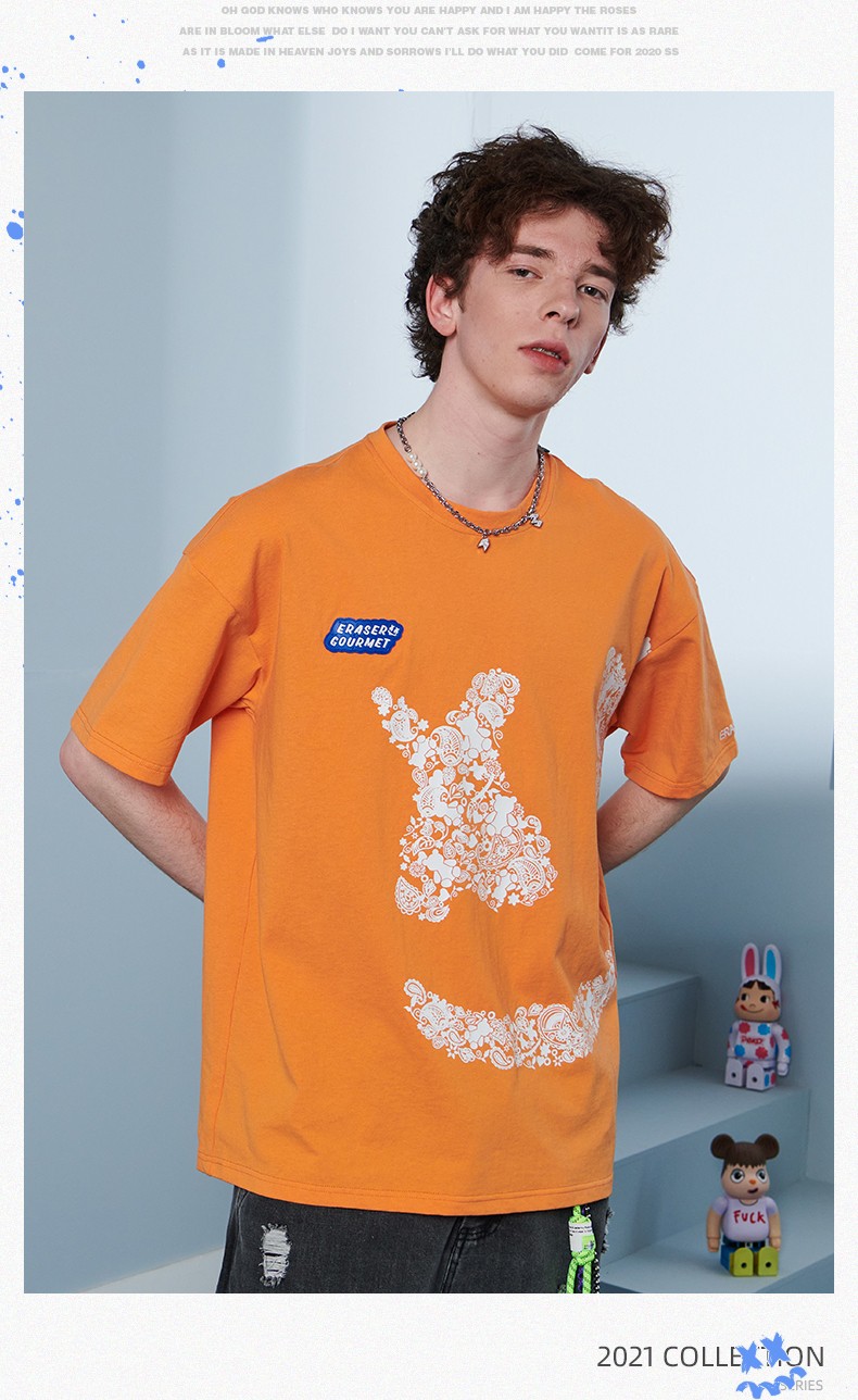 er笑脸短袖t恤撞色印花短t男女同款纯棉圆领宽松嘻哈街头潮牌情侣装