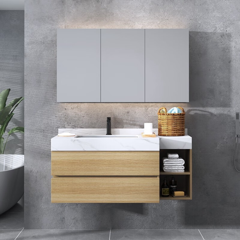 2022新款斜角浴室柜定制浴室柜镜柜智能现代简约原木色卫浴洗漱台洗脸