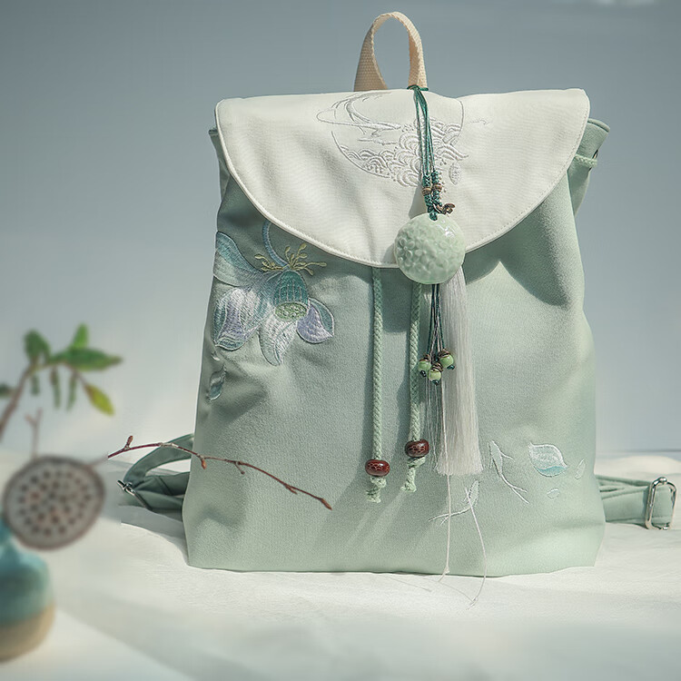 民族古风汉服森系文艺刺绣抽绳帆布双肩背书包女青绿鱼荷刺绣背包绿拼