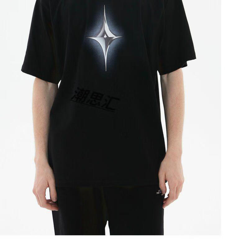 潮思汇 lounqu春夏国潮牌短袖 金属十字星印花立体图案t恤男美式简约