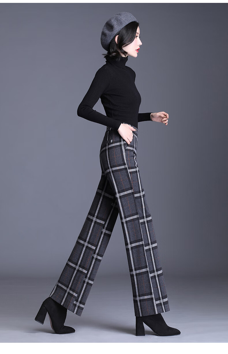 女式毛呢格子大脚裤2020秋冬新款高腰垂坠感时尚毛呢休闲裤直筒宽松大