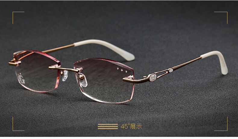 无框老花镜女 老人时尚钻石切边 树脂防蓝光老花眼镜 250度老花镜