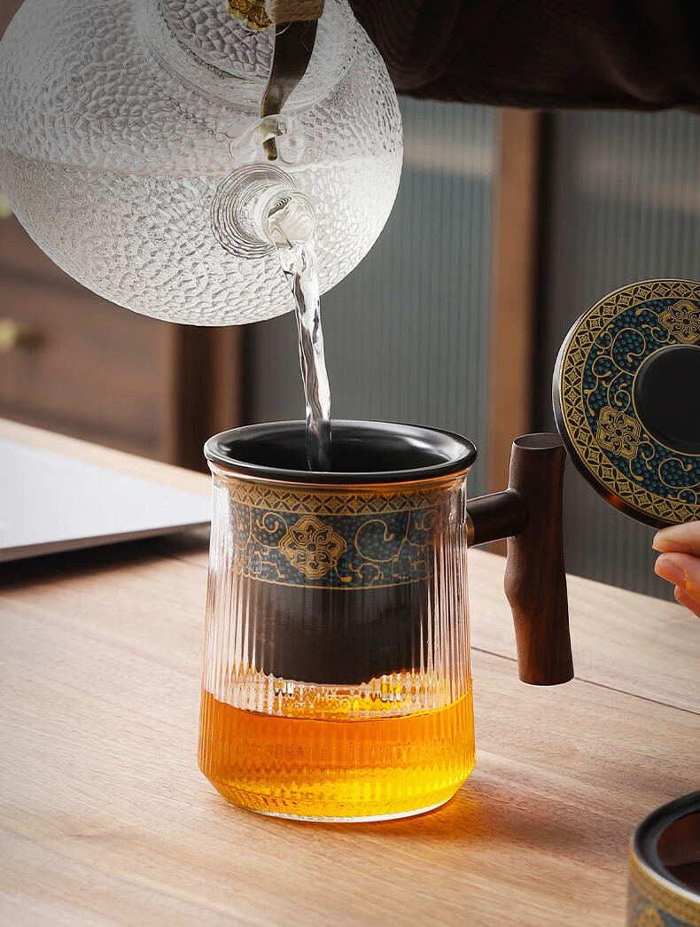 耐热玻璃马克杯茶杯茶水分离杯陶瓷办公过滤茶杯大容量带盖泡茶杯珐琅