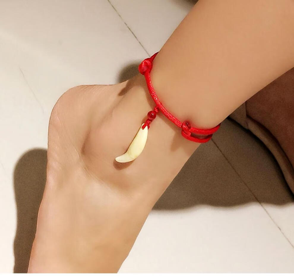 蜜荷真黑狗牙脚链手工编织狼牙成人红绳手链宝宝婴儿童可调节情侣饰品