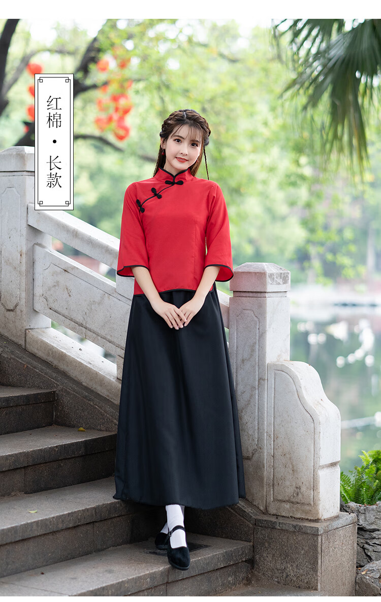 装民国风女装中山装男班服舞台表演合唱服装蓝亚麻女生上衣短裙xxxl