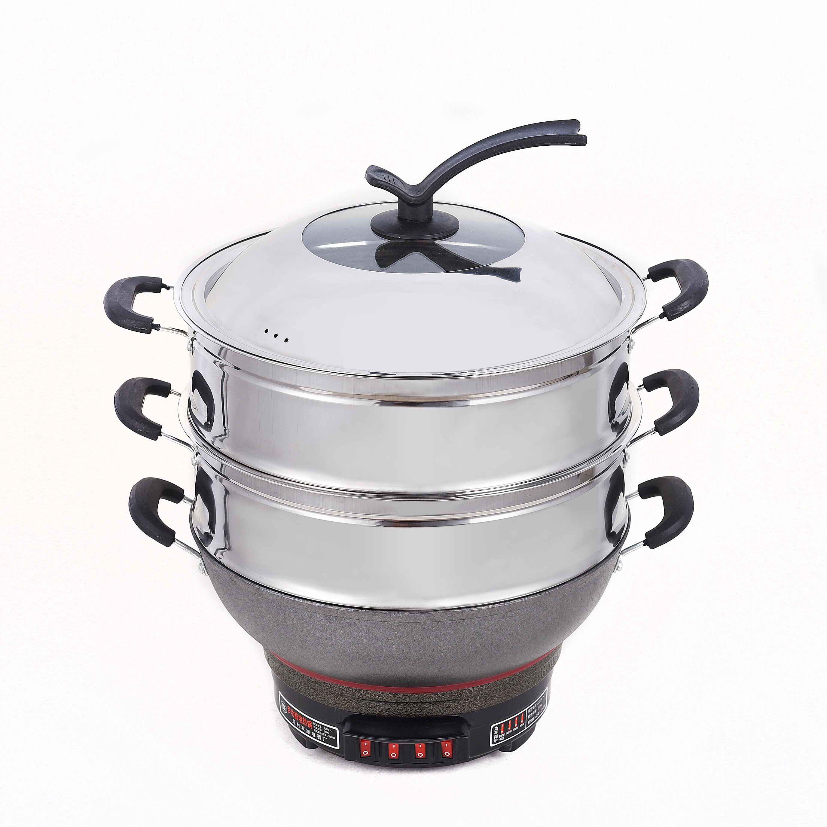 电锅商用铸铁锅特大容量50cm电炒锅家用多功能电热锅 38cm双蒸笼7-9人