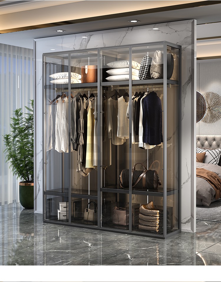 铝合金衣柜玻璃轻奢定制走入式衣帽间柜子组合金属家用卧室 绅士灰