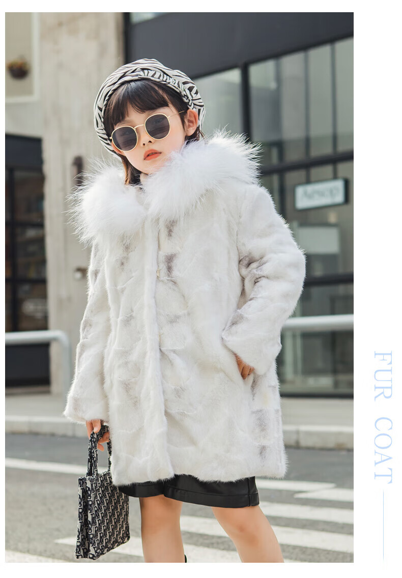 迪士尼【高端轻奢】儿童皮草貂皮大衣女童天鹅绒十字貂中长款水貂毛拼