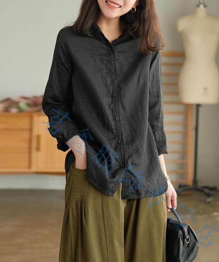 新款女士时尚麻布衣服女装款麻料女装上衣百搭女式文艺范白色衬衫女棉