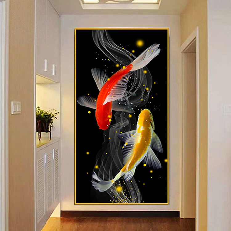 图老大(tulaoda)现代竖版锦鲤风水挂画轻奢走廊竖版玄关九鱼图入门旺