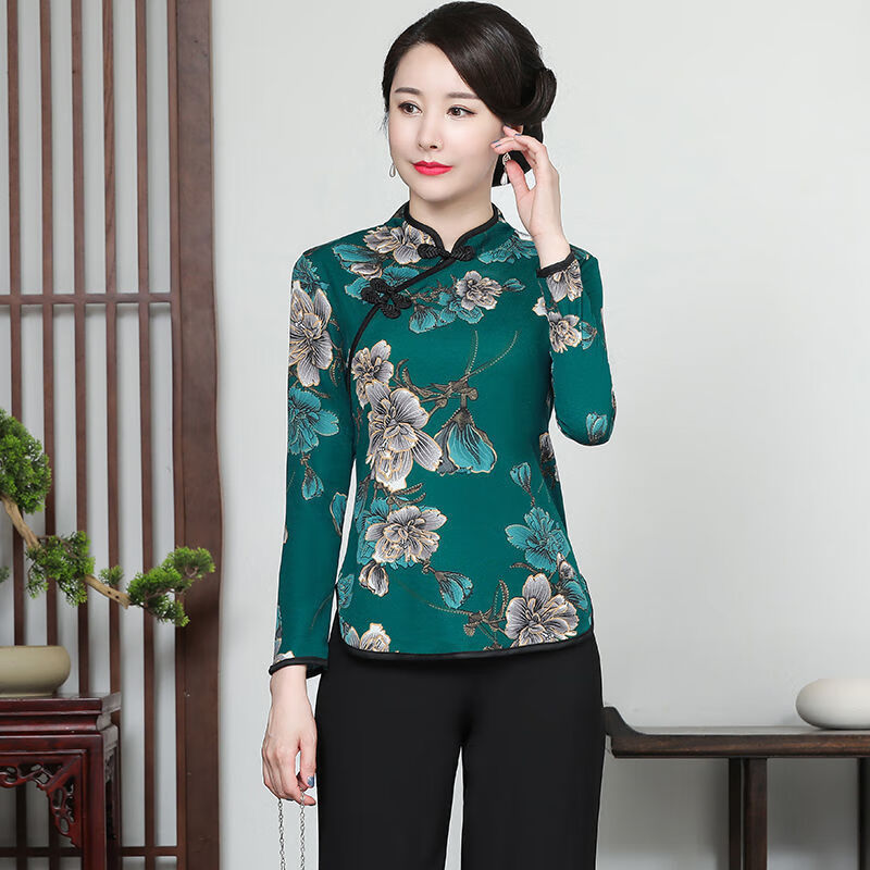 妈妈装长袖旗袍上衣大码秋季新款印花短款打底衫日常改良版中老年七分