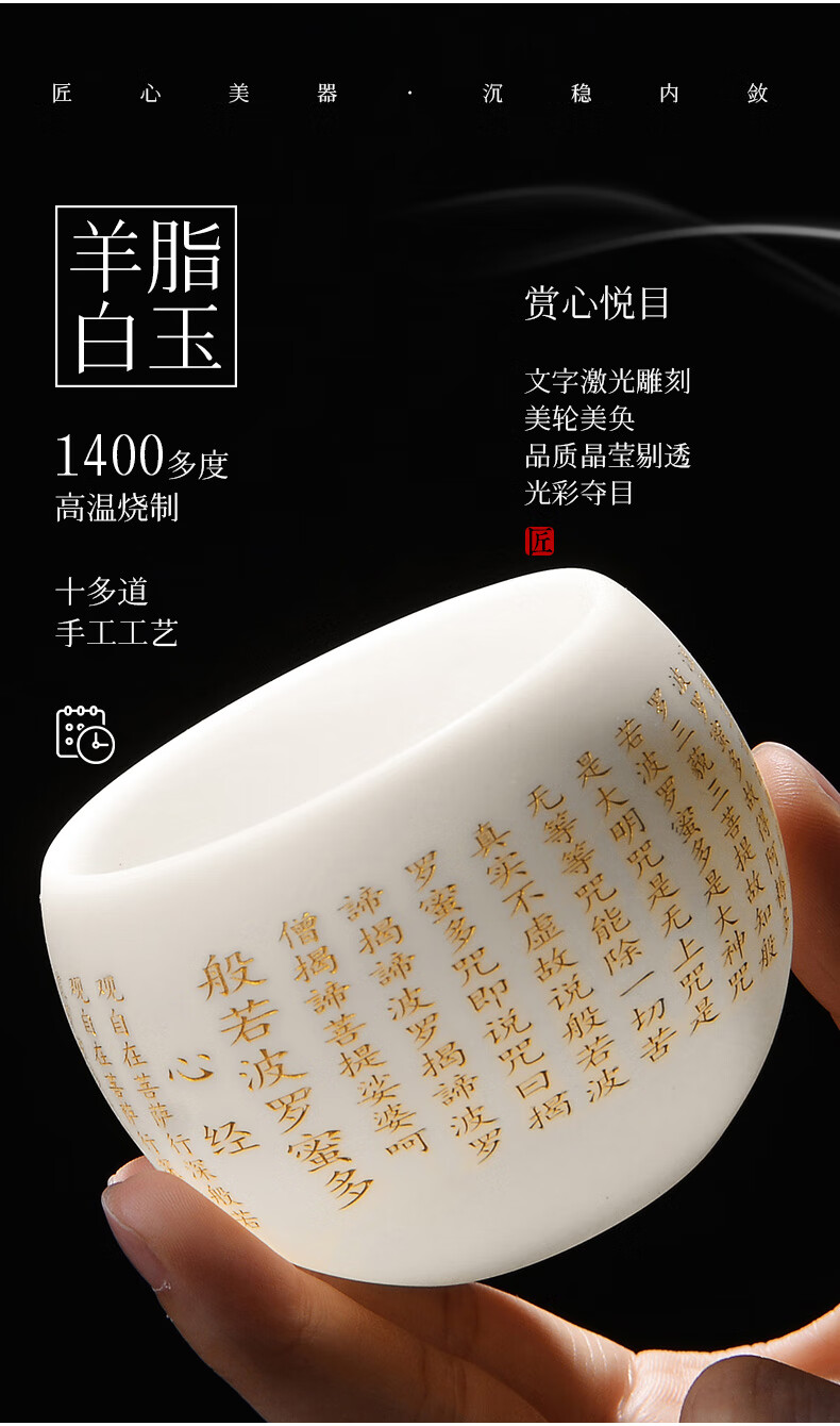 尚言坊白瓷羊脂玉瓷功夫茶杯刻字描金心经杯子单杯主人茶盏品茗杯16