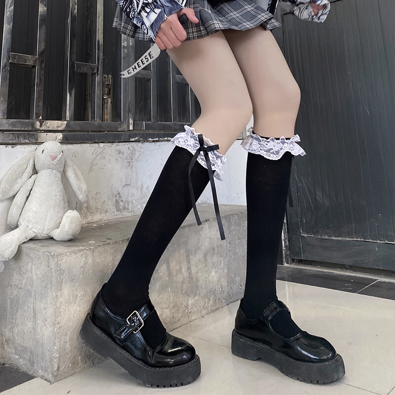 蕾丝蝴蝶结袜子蝴蝶结中筒袜女秋冬洛丽塔蕾丝花边jk小腿袜黑丝袜