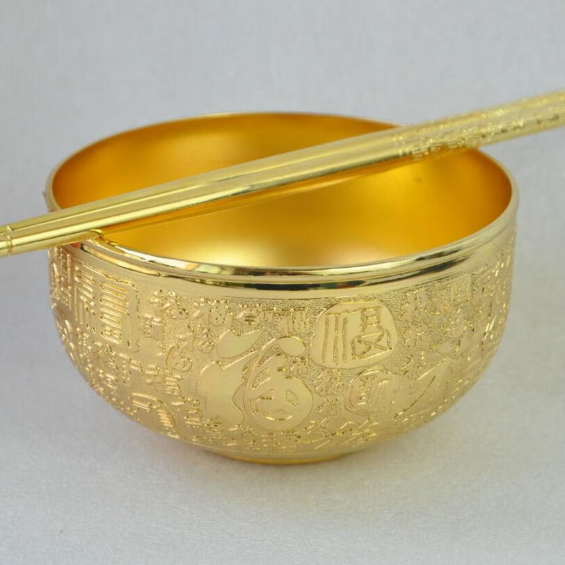 艺联家&Φ官方店百福金碗三件套金筷子金勺子熟金沙金年年有鱼碗筷勺
