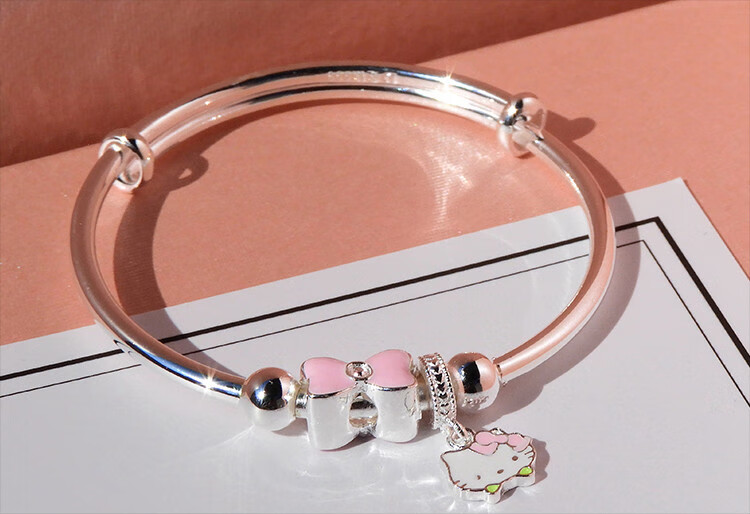 520礼物小孩小学生中童大童儿童银手镯女童镯子六一生日礼物童镯彩虹