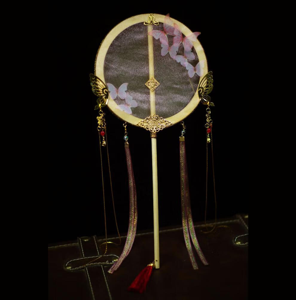 团扇 汉服古装长柄流苏长柄刺绣飘带宫扇古风饰品复古团扇宫廷舞蹈扇