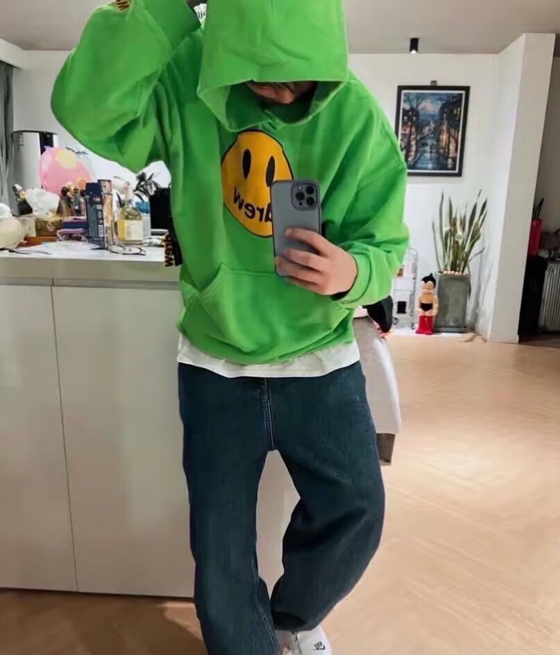 drew house卫衣现货drew house比伯同款笑脸印花连帽卫衣休闲宽松帽衫