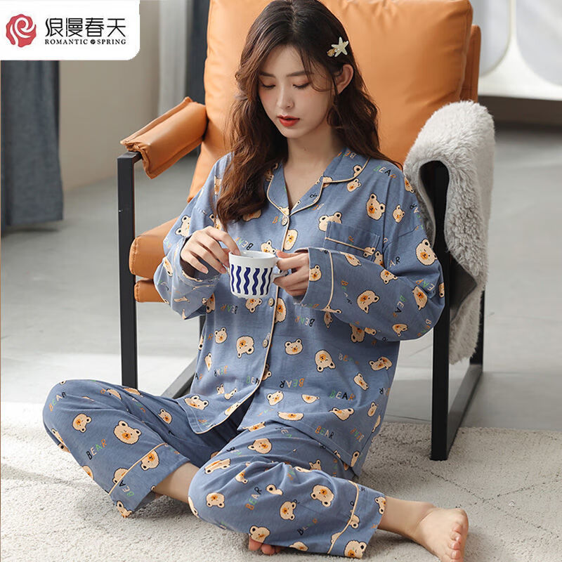 浪漫春天睡衣女长袖春秋季蝴蝶结韩版薄款棉甜美公主风简约家居服浪漫