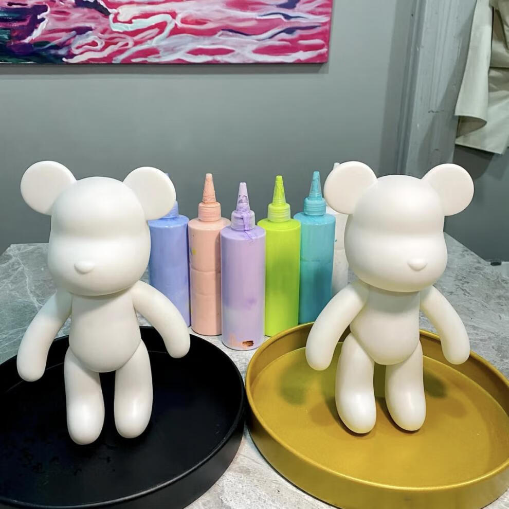网红石膏娃娃流体彩绘暴力熊手工diy创意涂鸦潮公仔新年摆件3色绿白黑