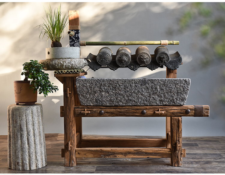 老石槽流水摆件户外庭院石缸景观旧石头鱼缸花盆猪槽阳台水景组合sn