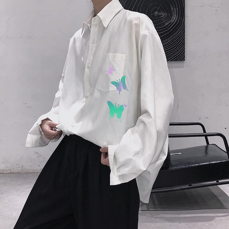 苏京猫衬衫男长袖蝴蝶炫彩反光衬衣ins风设计感锁骨心机上衣cs03白色l