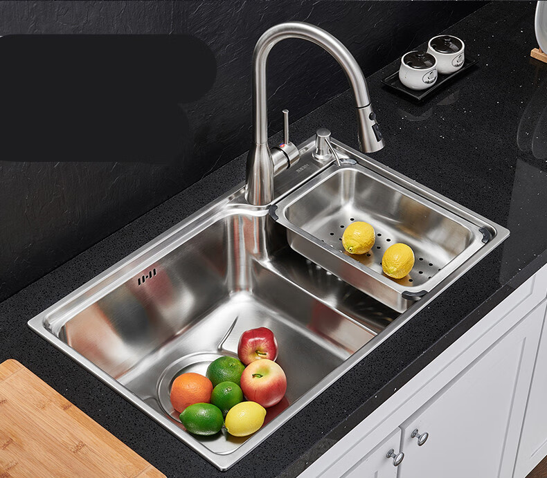 厨房304不锈钢水槽套餐大单槽家用洗菜盆阶梯式高低洗碗池台下盆 7546