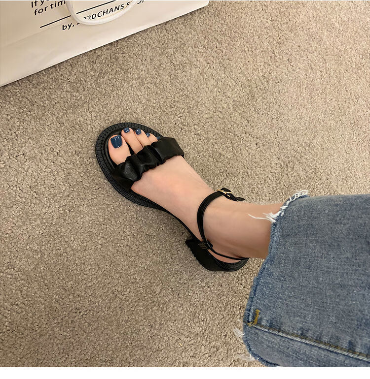 ins凉鞋女夏时尚外穿2022新款粗跟百搭露趾一字带仙女风高跟鞋潮黑色