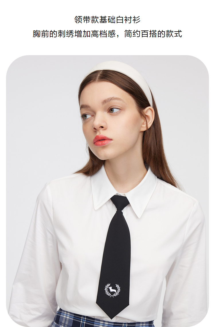 eland衣恋2022年春季新款设计感学院风柯基领带白色长袖衬衫女象牙白