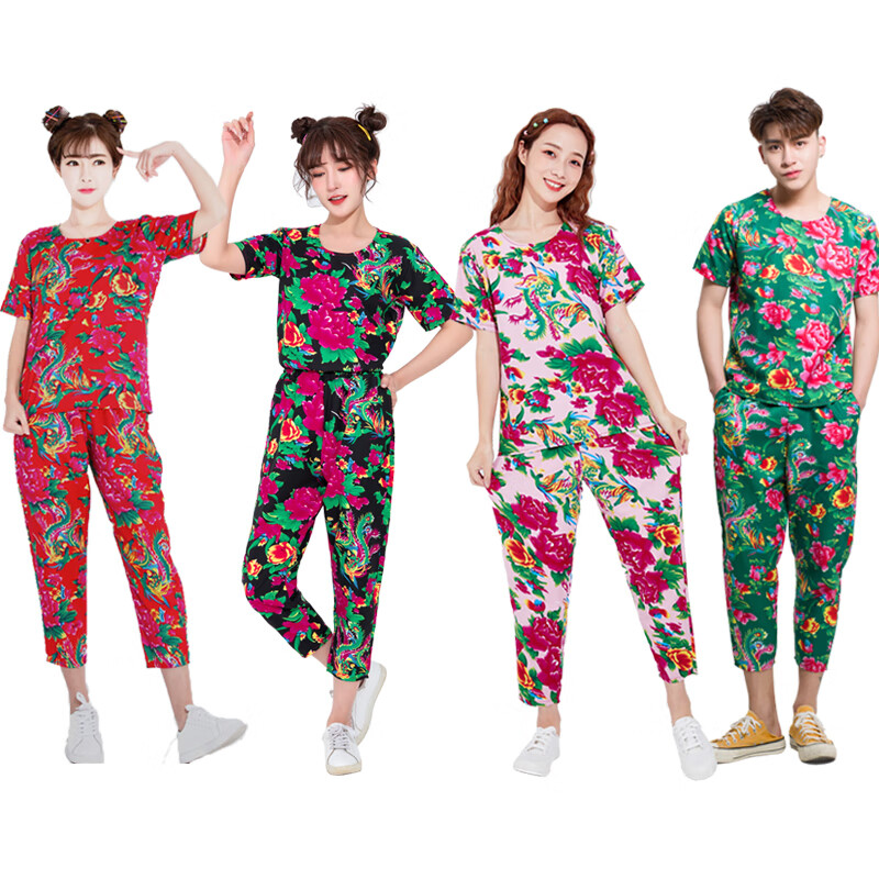 东北花衣服舒适爆款东北大花布衣服抖音同款套装男女大花裤子姐妹装