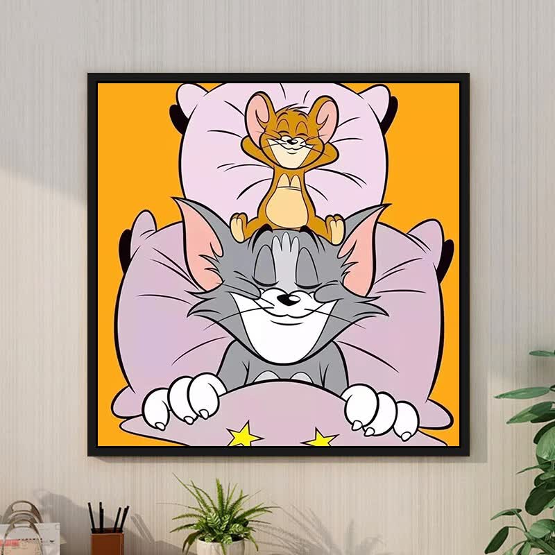 流彗 大芬村油画汤姆杰瑞猫和老鼠卡通自己手绘填色diy数字油画丙烯
