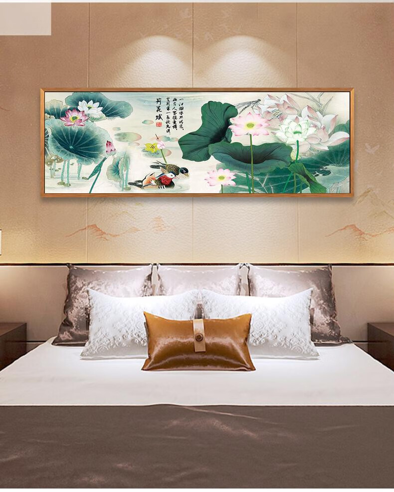 荷花水墨画卧室床头装饰画新中式国画客厅壁画温馨鸳鸯戏水婚房画 c
