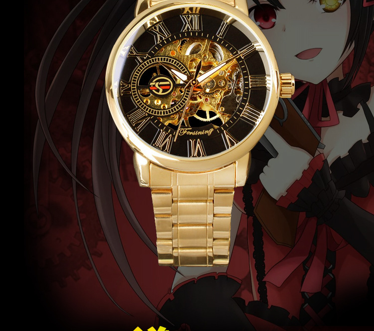 约会大作战机械表狂三时钟之眼手表男士镂空钢带手动动漫周边钢带黑金