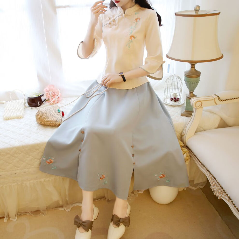 复古女装改良汉服女中国风两件套学生装唐装女旗袍民族服装图色套装s