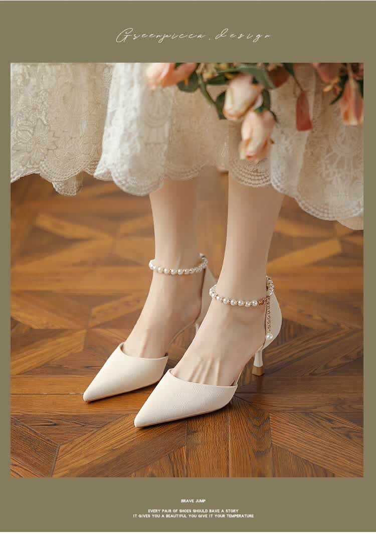 旗袍鞋结婚司藤景甜同款高跟鞋搭配旗袍的鞋子一字扣珍珠带婚鞋伴娘鞋