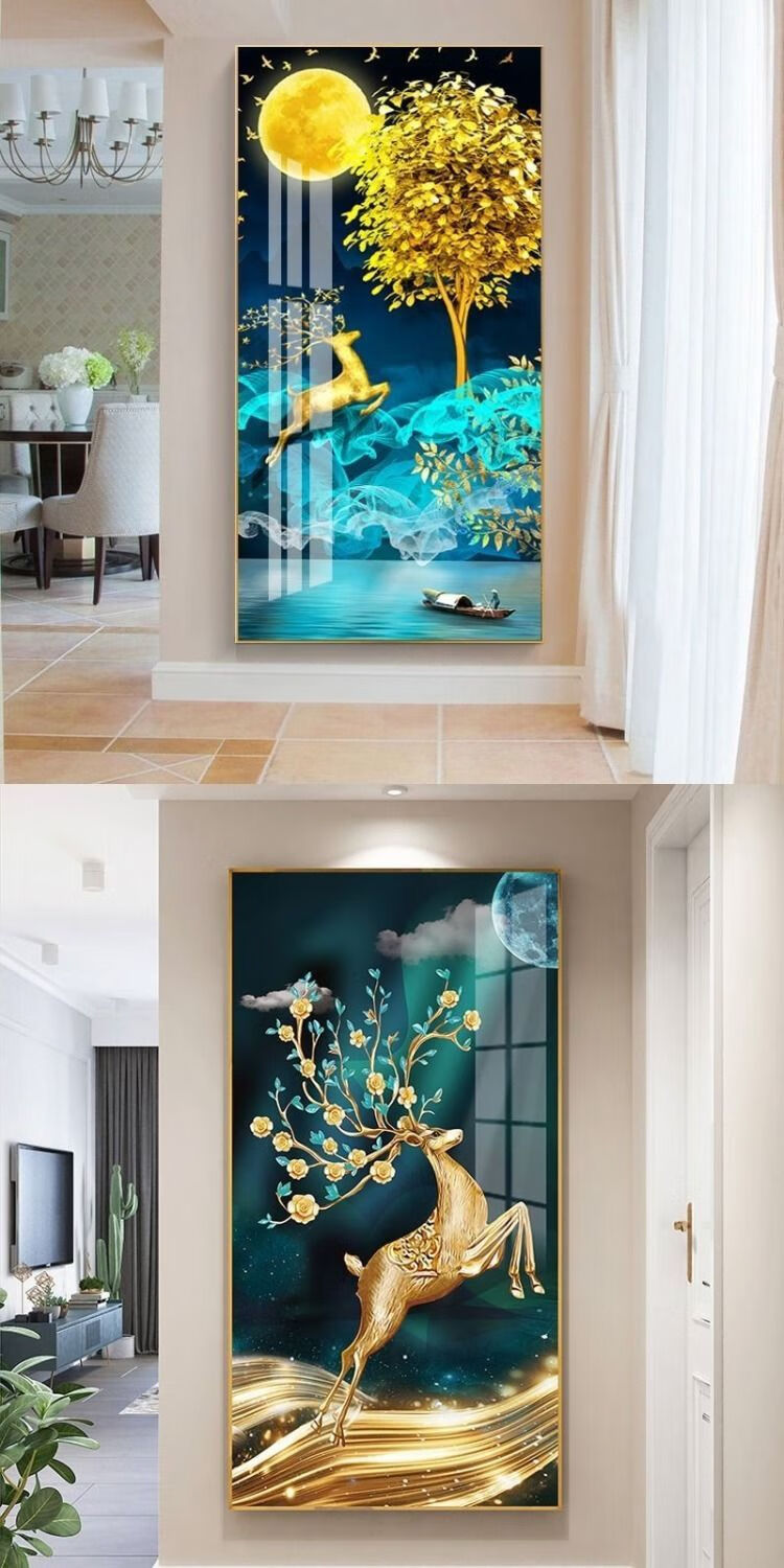 品牌优选玄关镶钻晶瓷画入户走廊装饰画墙壁竖版画轻奢过道挂画风水画