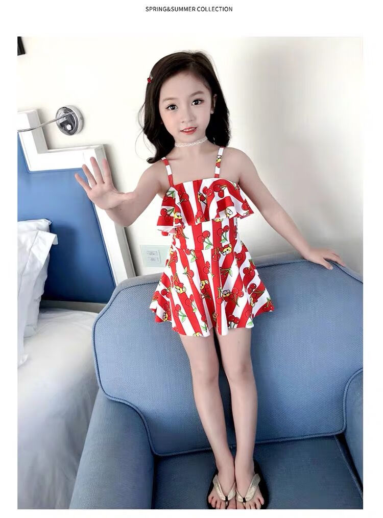 初中生泳衣女中大童分体保守学生可爱日系两件套韩版少女 8023橘红色