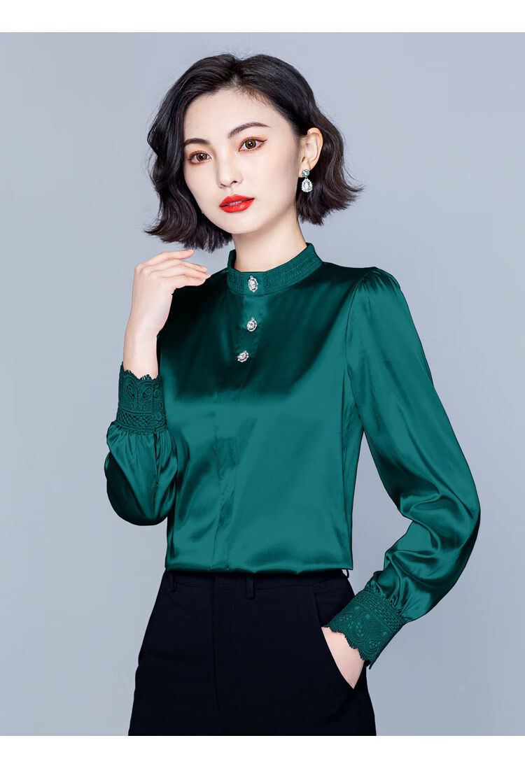 恒源祥官方真丝衬衫女长袖2021春装新款大码宽松烫钻刺绣立领桑蚕丝