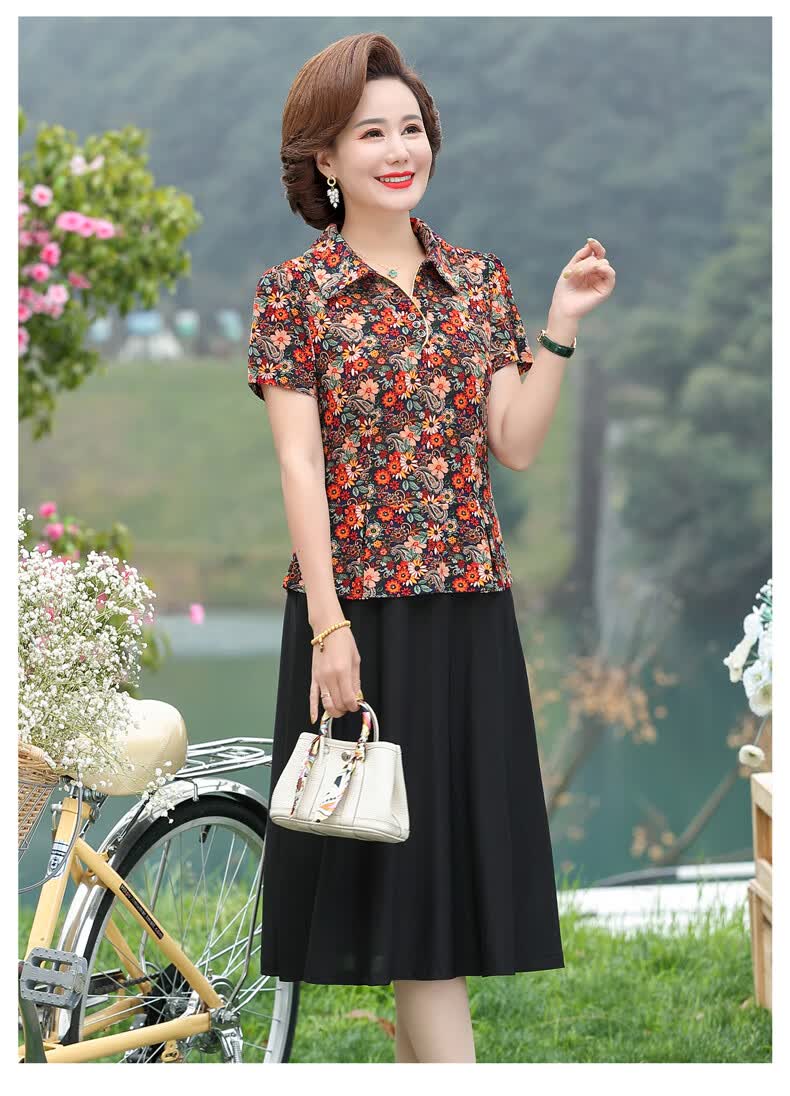 中年妇女胖妈妈装夏天连衣裙大码加肥中老年人裙子妈妈夏装短袖中长款