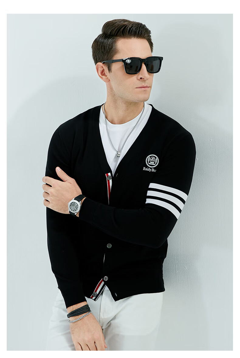 raidyboer雷迪波尔春夏新款男含桑蚕丝休闲开衫针织长袖t恤6021白色