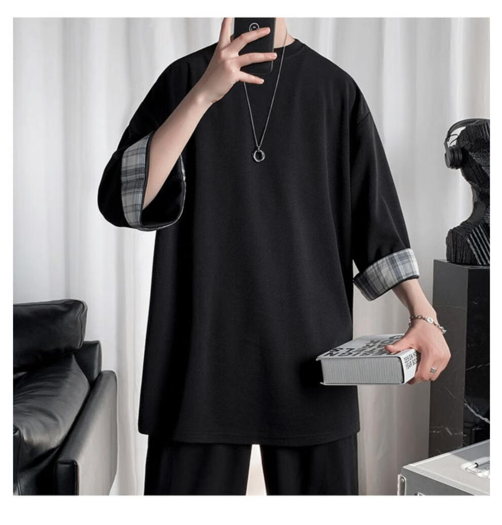 凌登港风短袖t恤男嘻哈潮牌半袖上衣男生衣服宽松七分袖青少年韩版