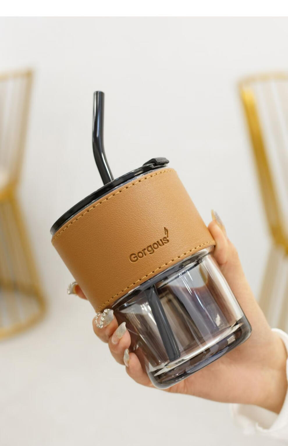 宜乐舒北光吸管式玻璃杯便携水杯子ins杯女生高颜值家用情侣茶杯大号