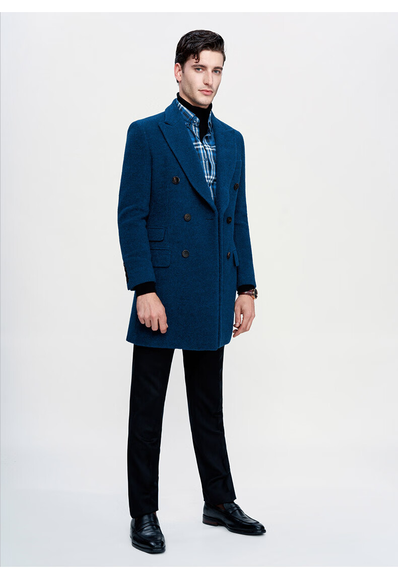 jodoll乔顿毛呢大衣男中长款百搭休闲商务绅士修身双排扣蓝色外套深